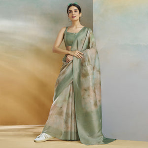 Green Woven With Digital Printed Linen Saree