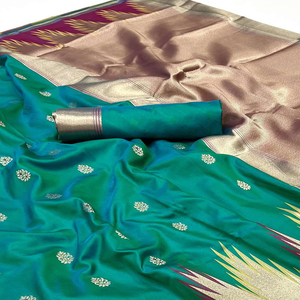 Rama Green Floral Woven Art Silk Saree