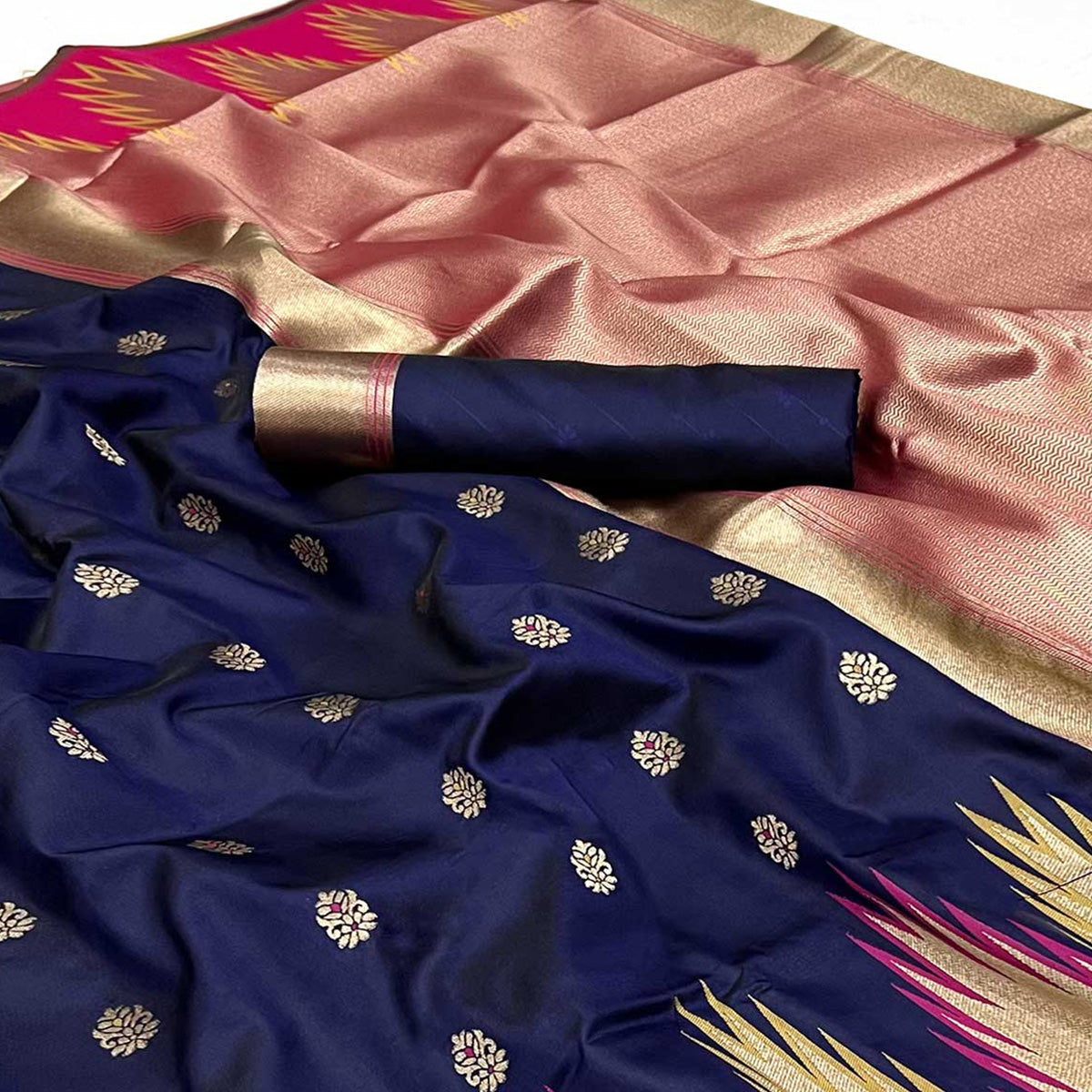 Navy Blue Floral Woven Art Silk Saree