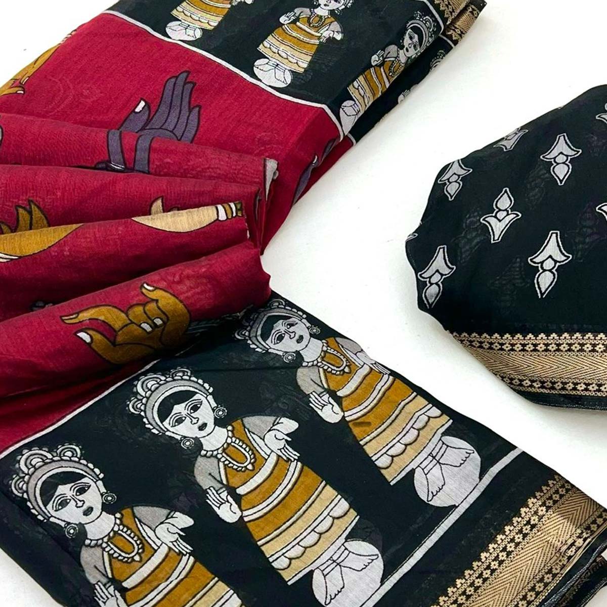 Maroon Folk Art Soft Mulmul Cotton Saree with Traditional Motifs