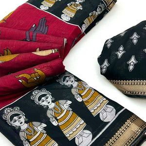 Maroon Folk Art Soft Mulmul Cotton Saree with Traditional Motifs