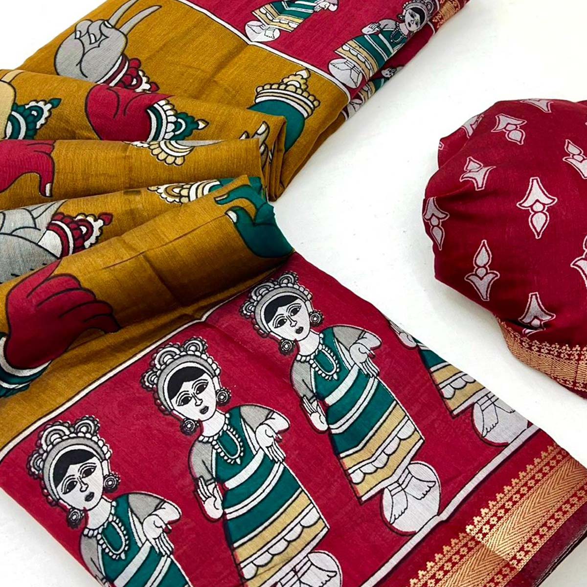 Mustard Folk Art Soft Mulmul Cotton Saree with Traditional Motifs