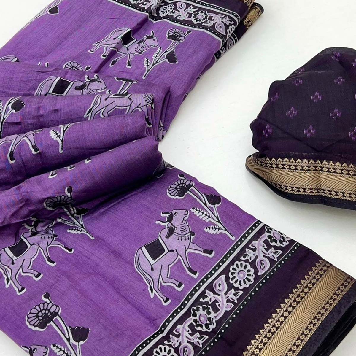 Lavender Rustic Handblock Folk Printed Mulmul Cotton Saree
