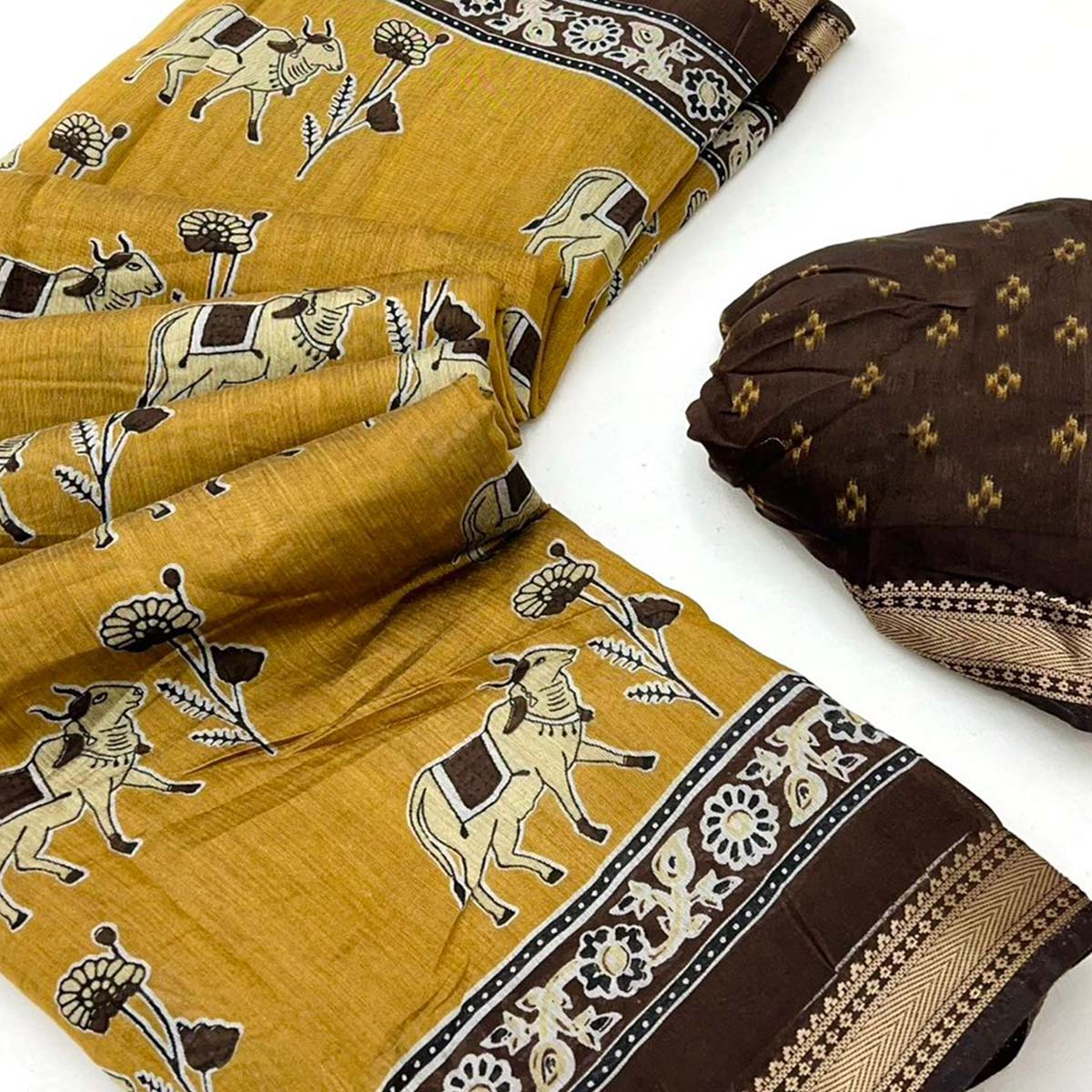 Mustard Rustic Handblock Folk Printed Mulmul Cotton Saree