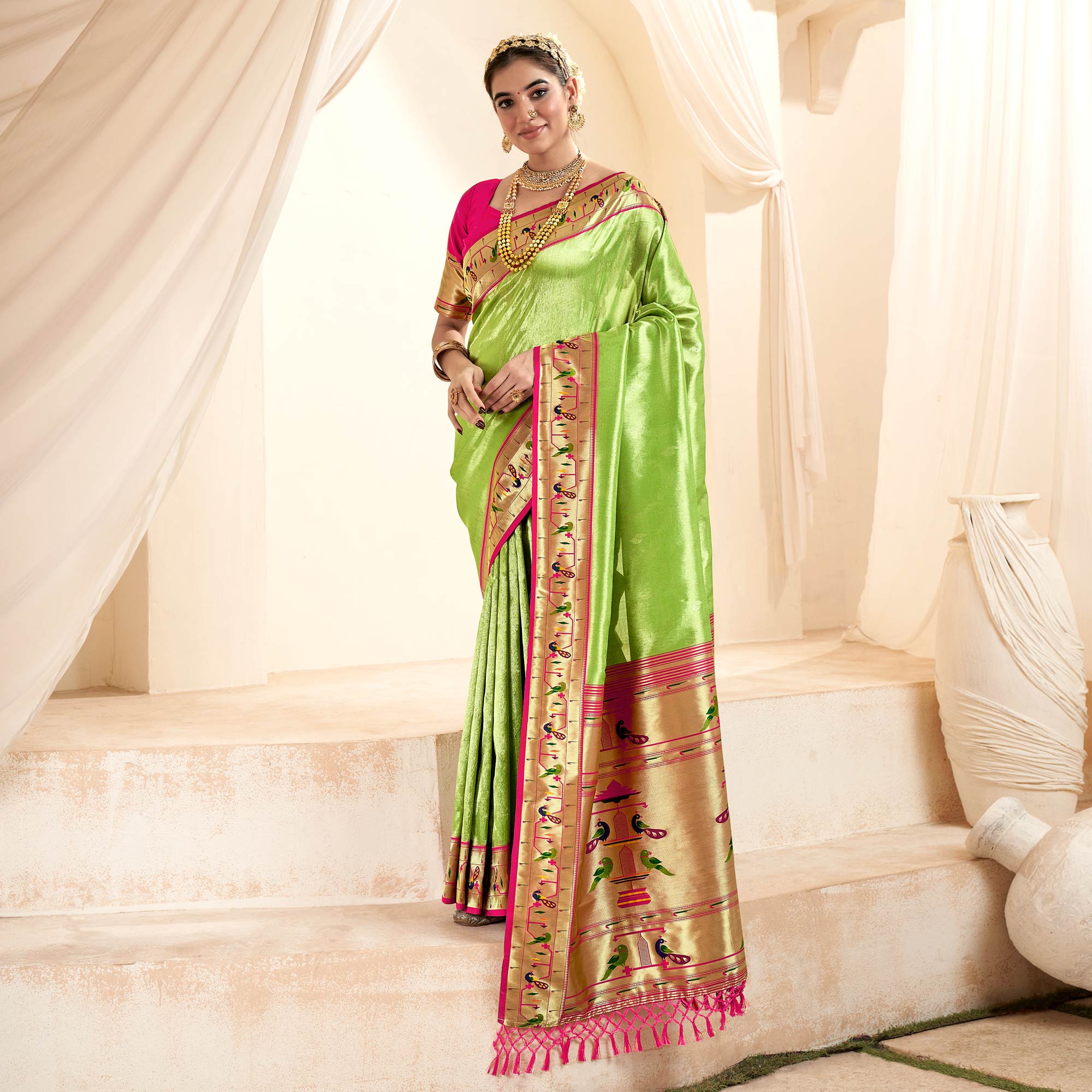 Parrot Green Woven Tissue Paithani Saree With Tassels
