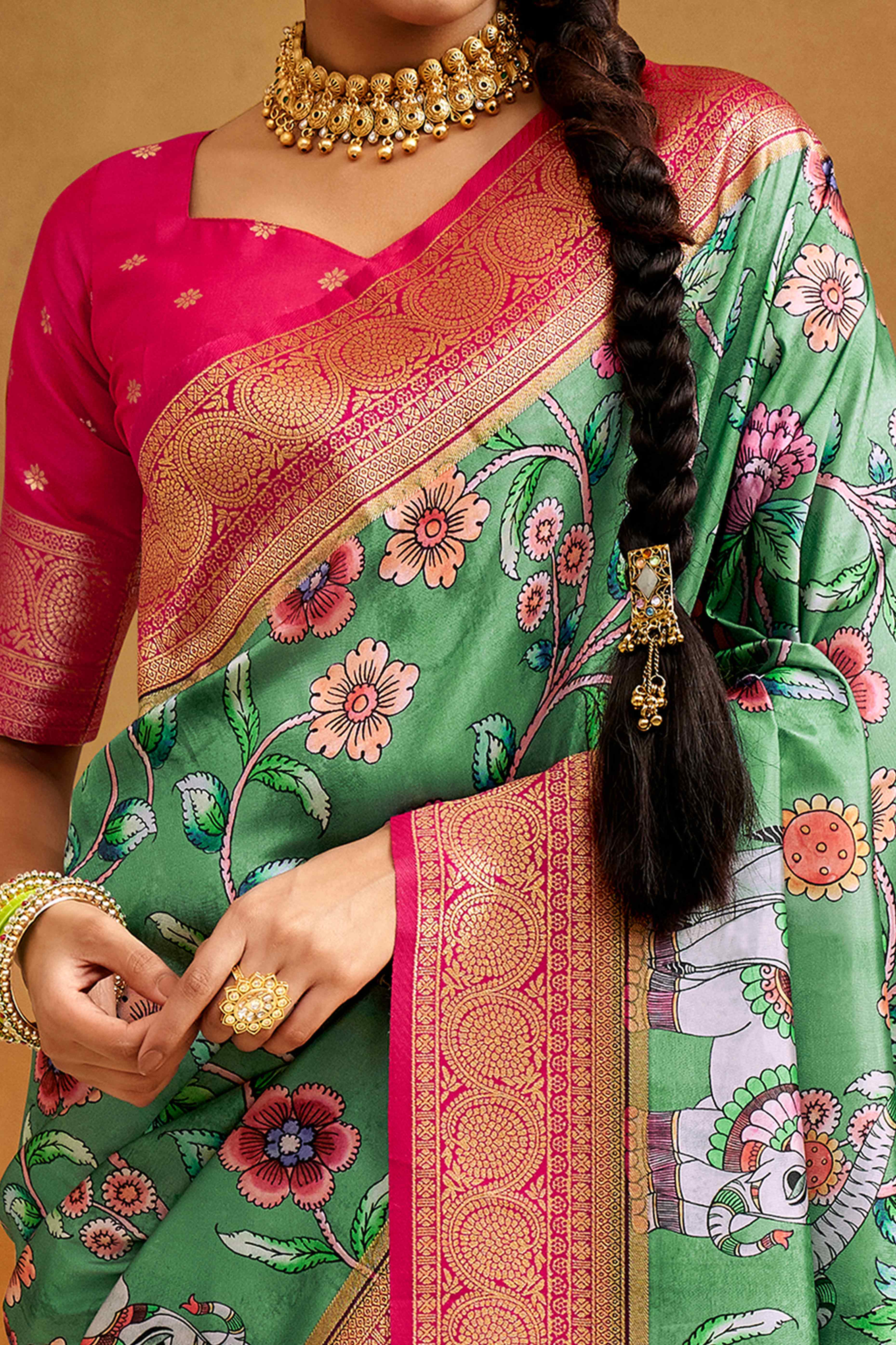Sea Green Kalamkari Printed Tussar Silk Saree With Banarasi Border