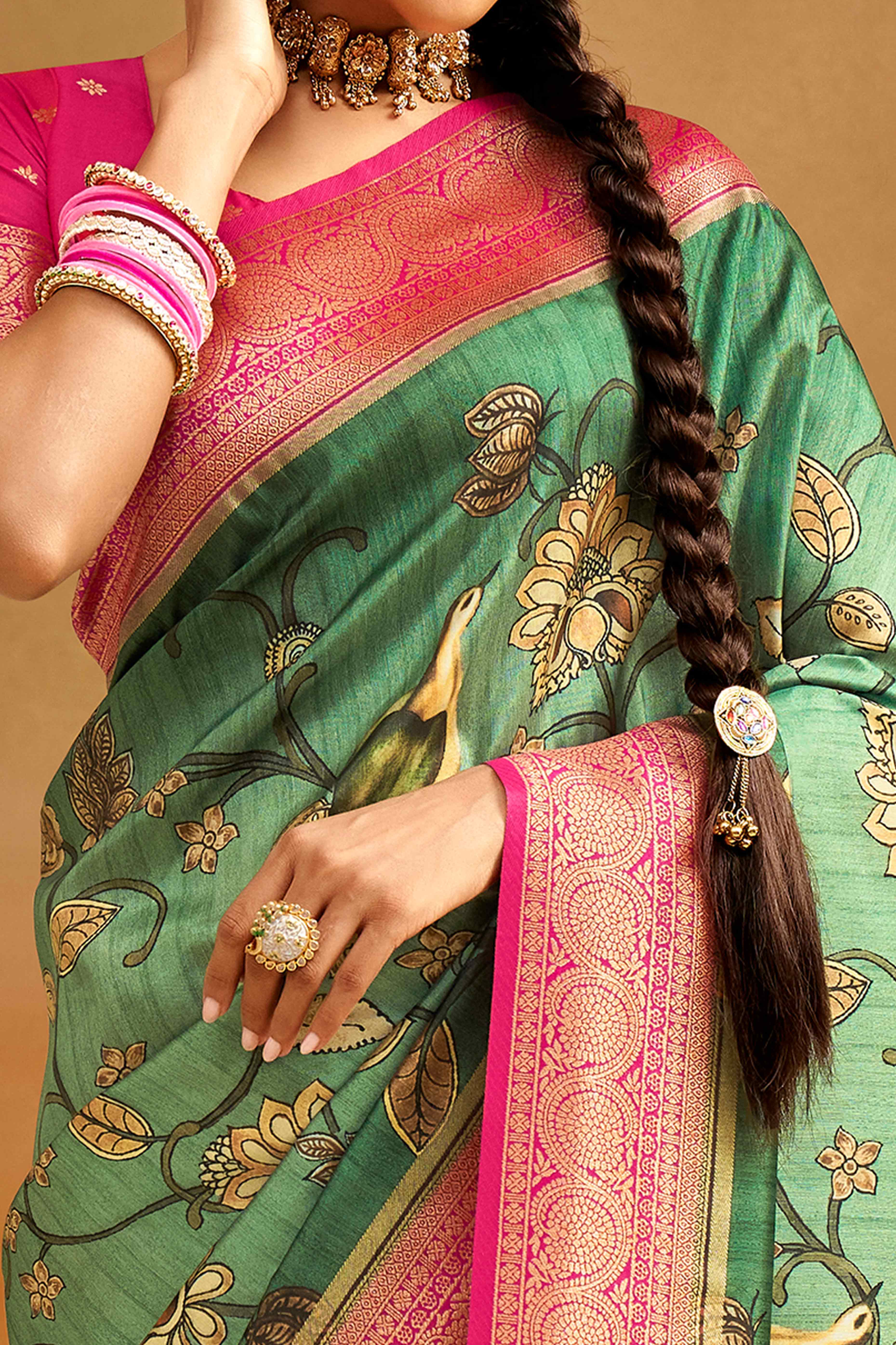 Sea Green Kalamkari Printed Tussar Silk Saree With Banarasi Border