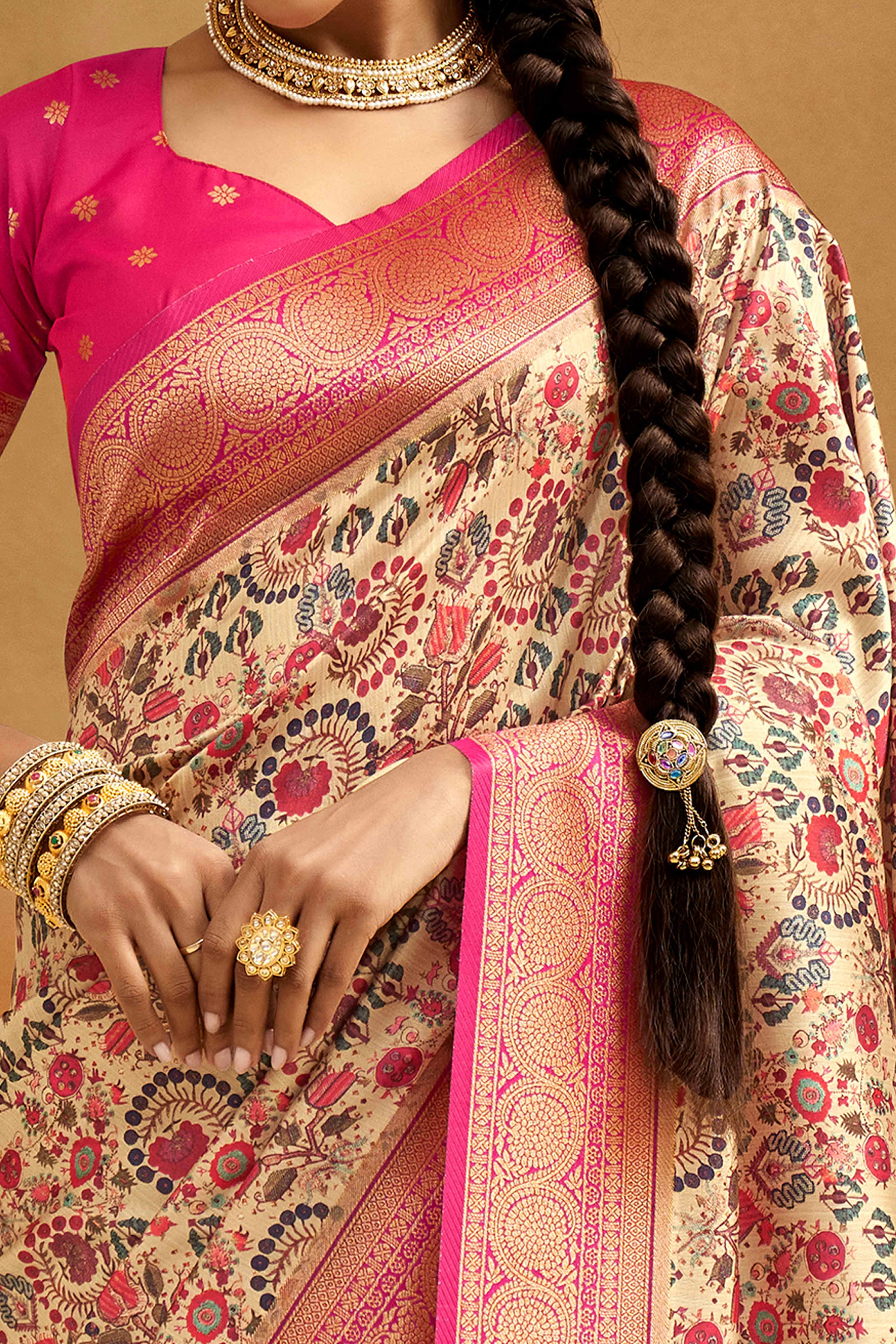 Off White Kalamkari Printed Tussar Silk Saree With Banarasi Border