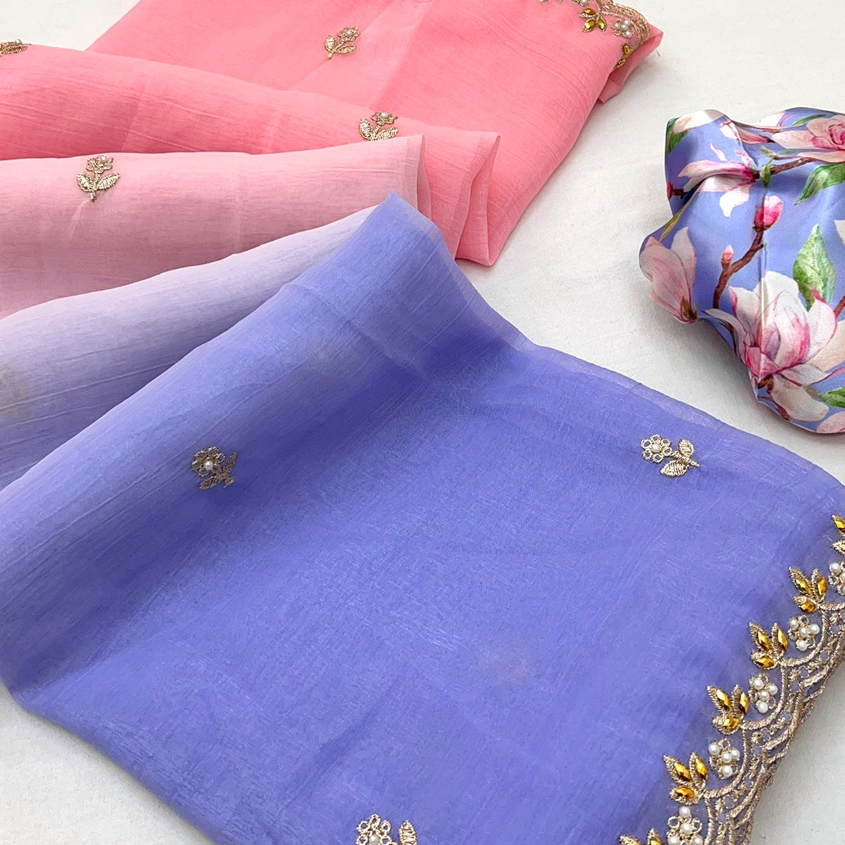 Ombre Peach & Violet Georgette Drape with Embroidered Florals