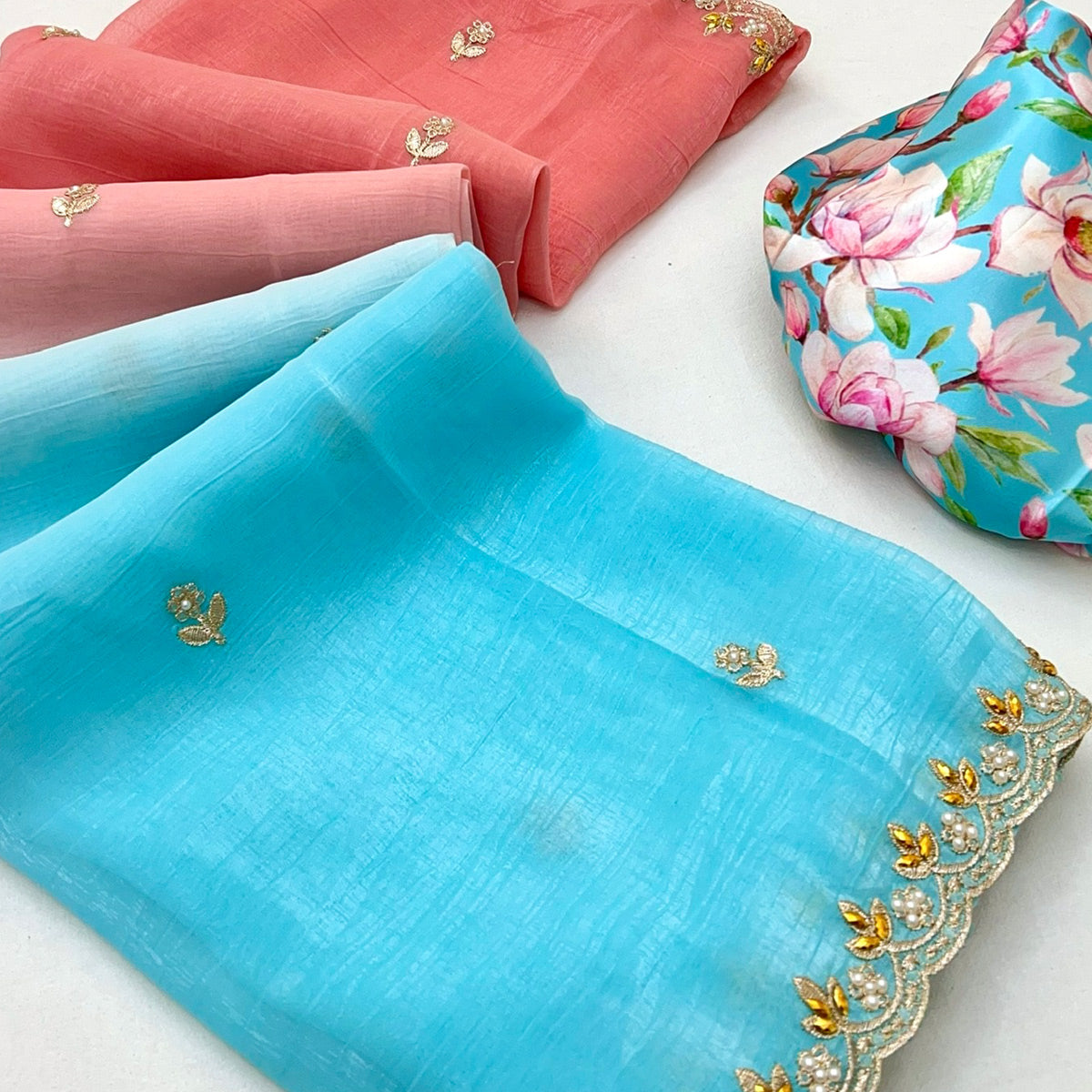 Ombre Peach & Blue Georgette Drape with Embroidered Florals