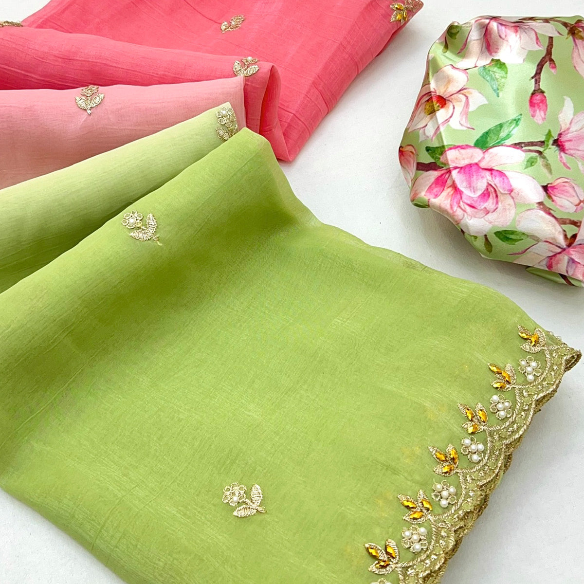 Ombre Pink & Green Georgette Drape with Embroidered Florals