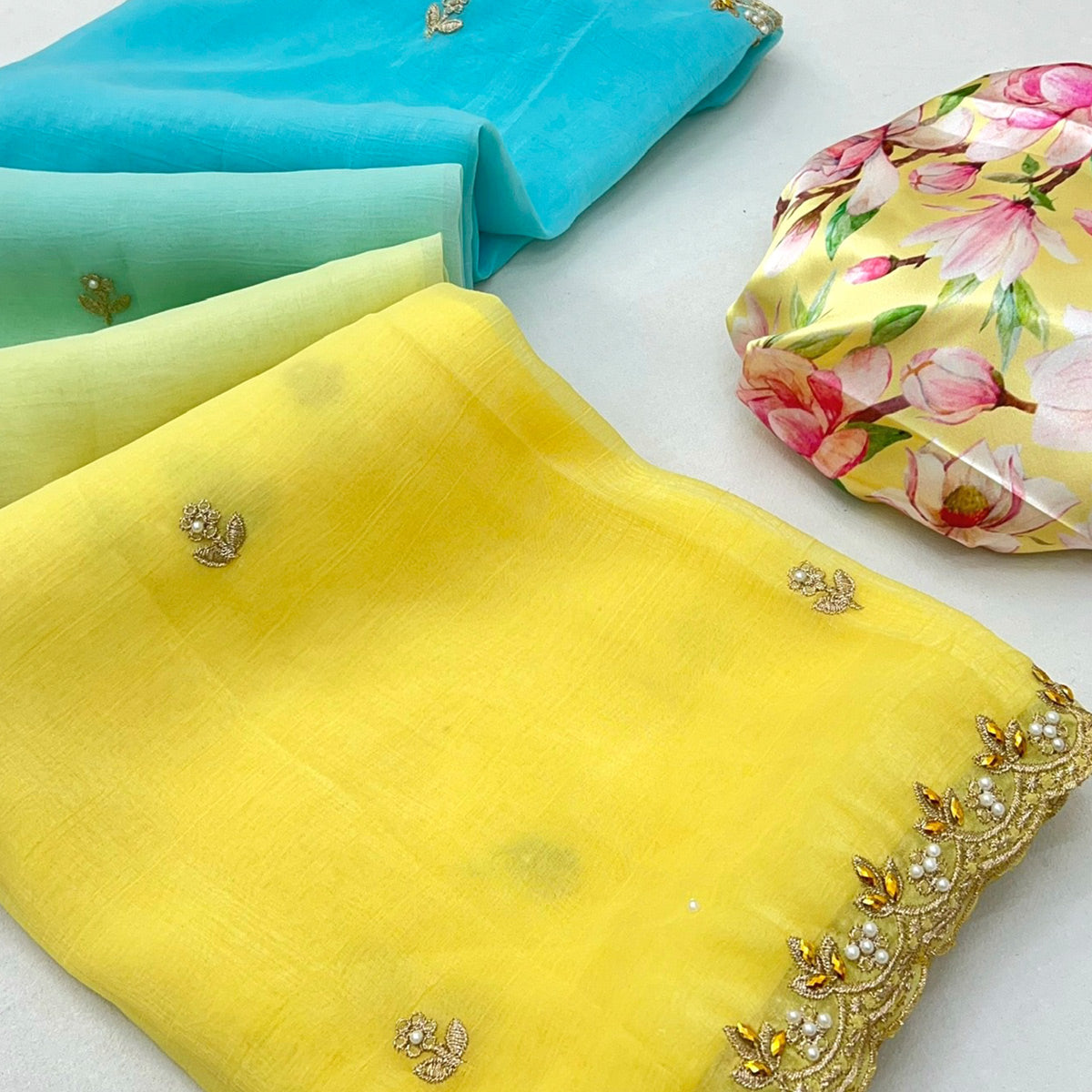 Ombre Blue & Yellow Georgette Drape with Embroidered Florals