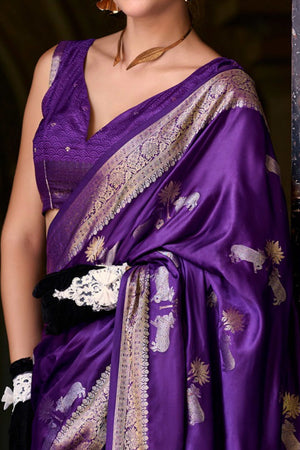 16Dark Purple Satin Saree with Floral Zari Weaving