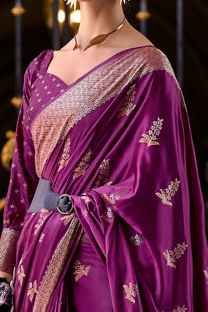 19Purple Satin Saree with Floral Zari Weaving