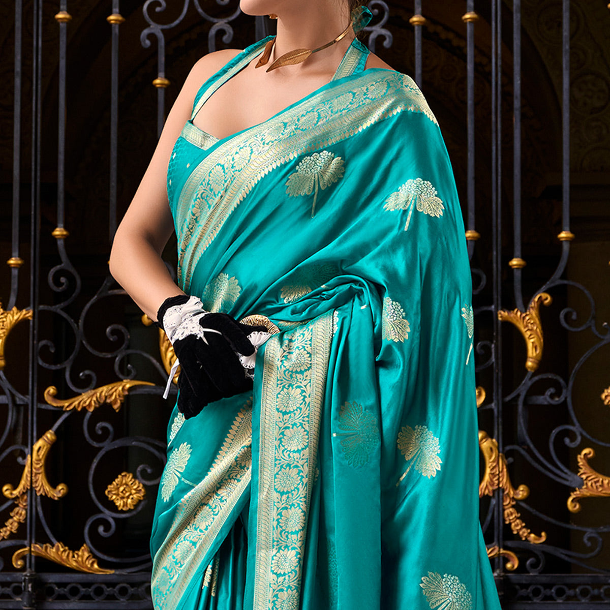 Turquoise Floral Woven Satin Silk Saree