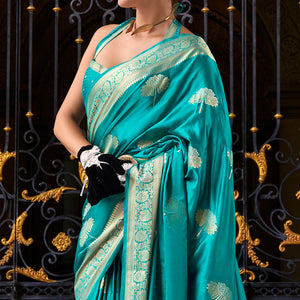 Turquoise Floral Woven Satin Silk Saree
