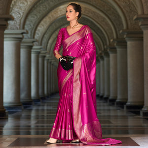 Rani Pink Floral Woven Satin Silk Saree