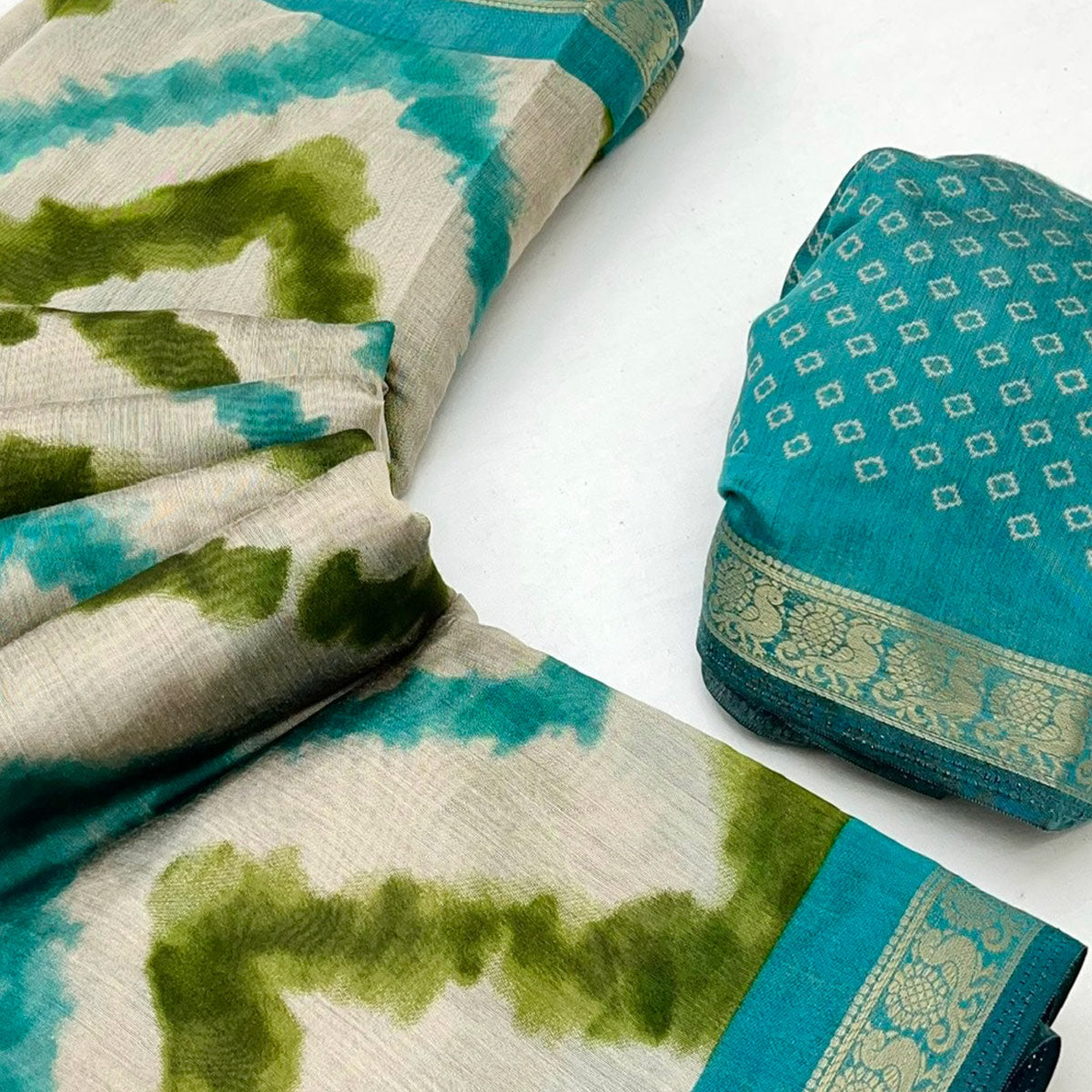 Off White & Turquoise Dual Shade Saree with Artistic Leheriya Prints in Cotton Silk