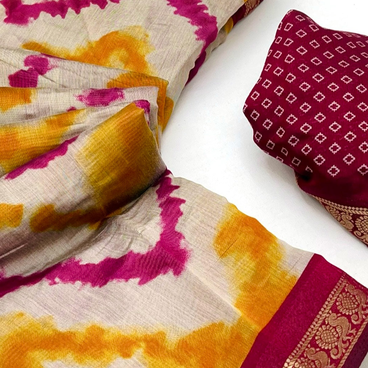 Off White & Pink Dual Shade Saree with Artistic Leheriya Prints in Cotton Silk
