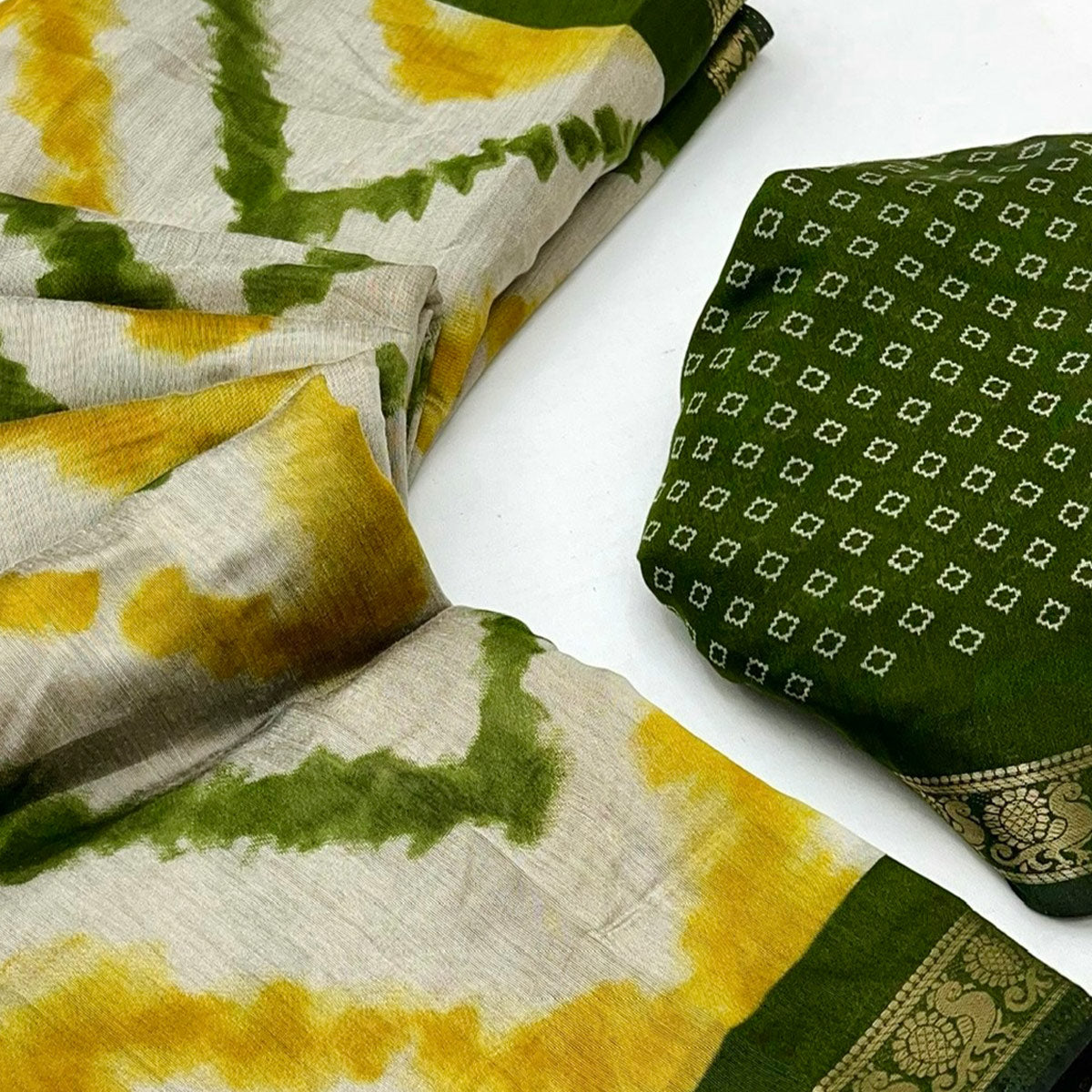 Off White & Green Dual Shade Saree with Artistic Leheriya Prints in Cotton Silk