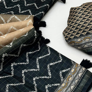 Beige & Black Maheshwari Cotton Silk Saree with Zig-Zag Pattern