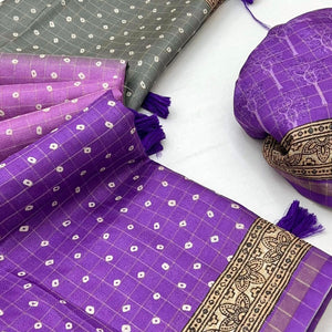 Violet Bandhani Print Saree in Elegant Maheshwari Cotton Silk