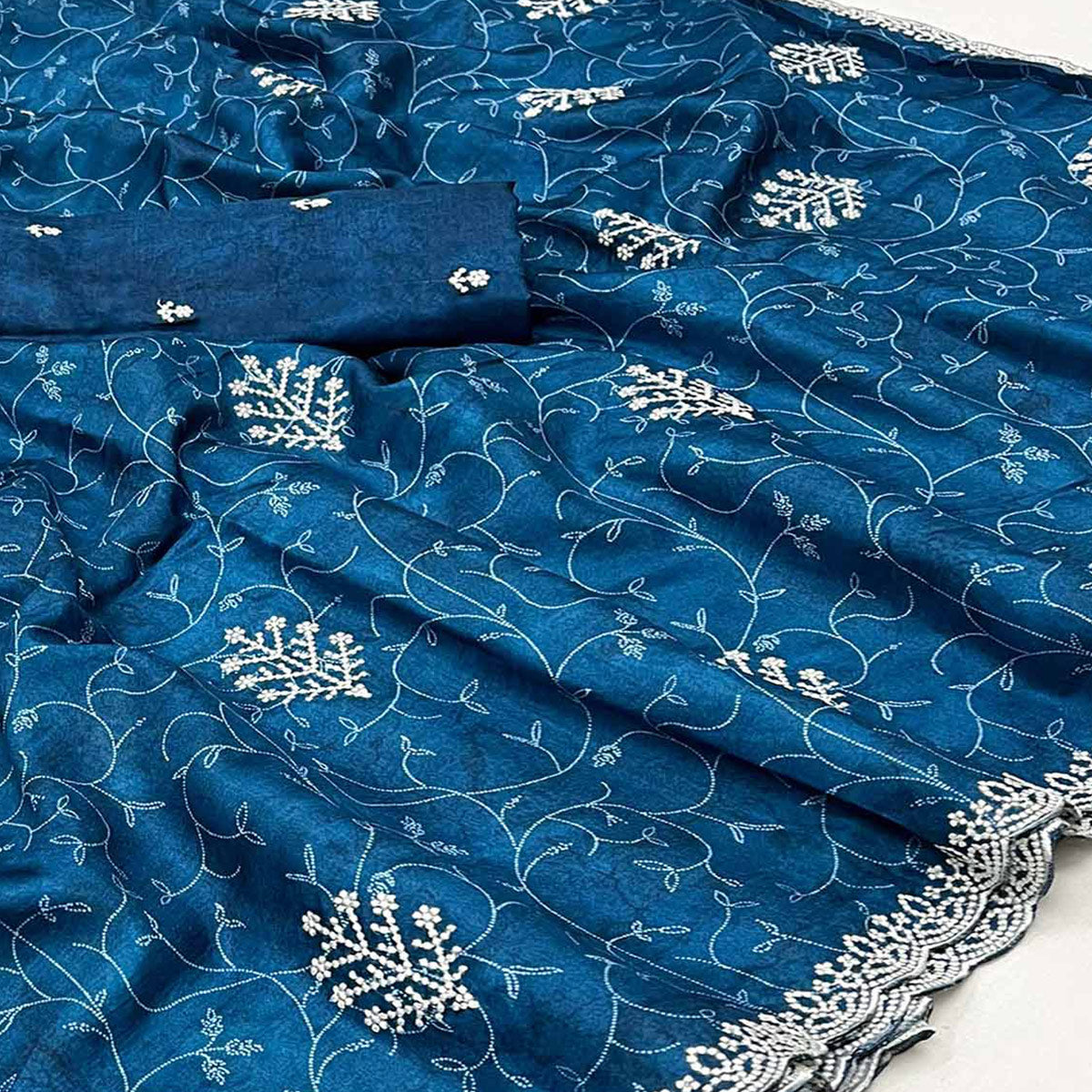 Blue Floral Embroidered Dola Silk Saree