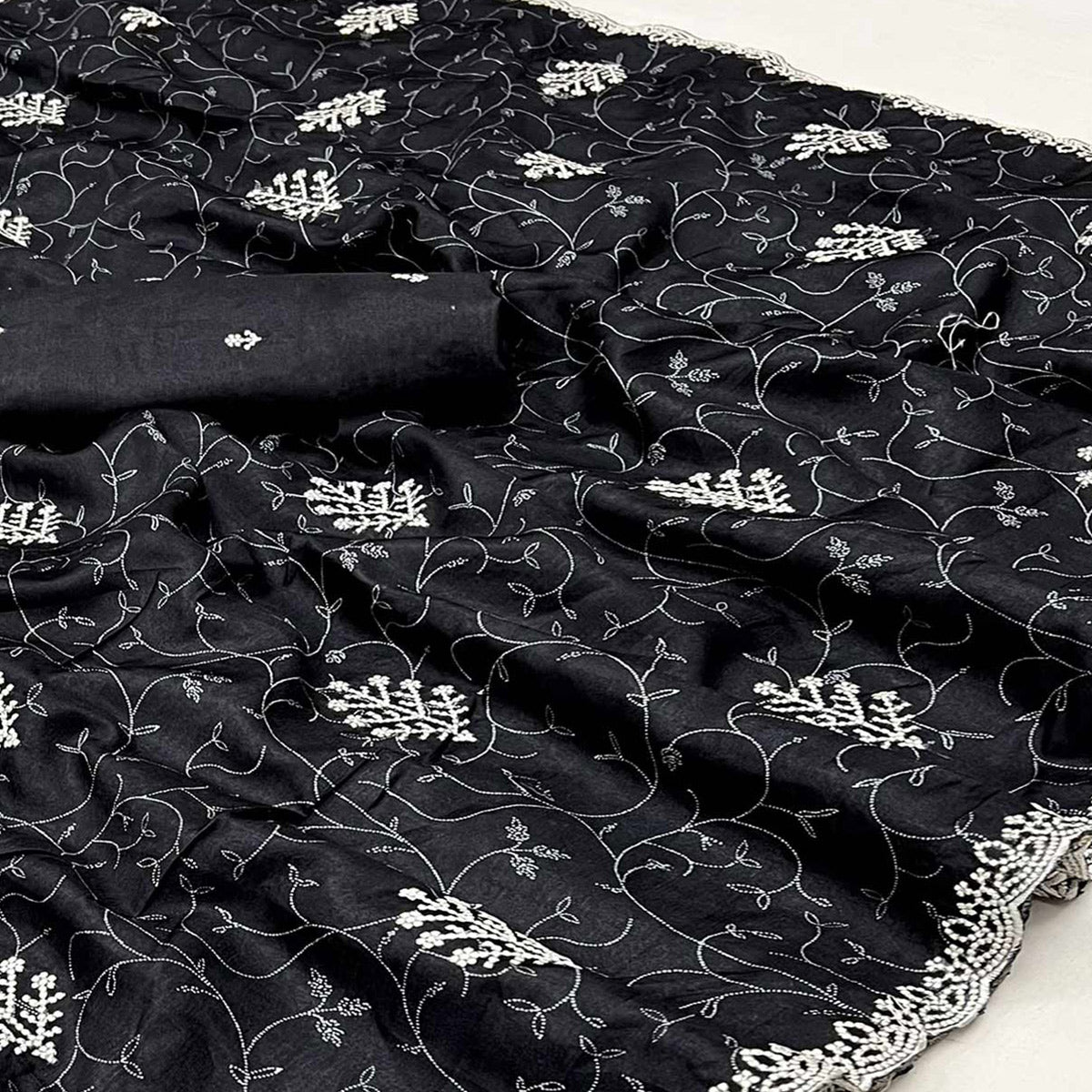 Black Floral Embroidered Dola Silk Saree