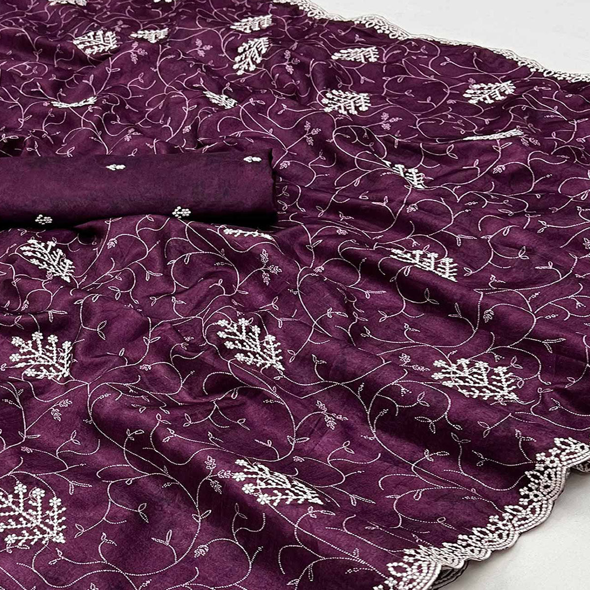 Purple Floral Embroidered Dola Silk Saree