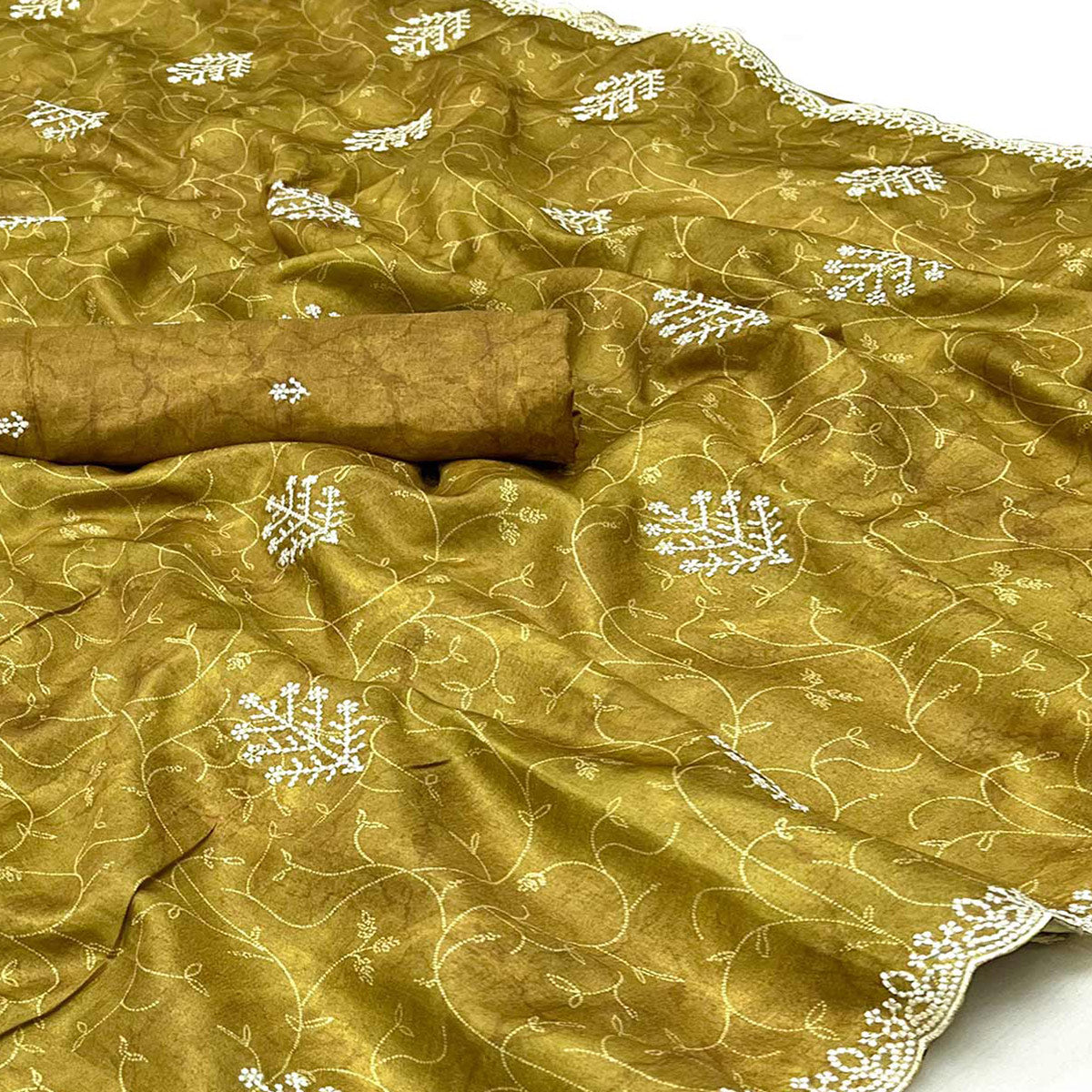 Mustard Floral Embroidered Dola Silk Saree