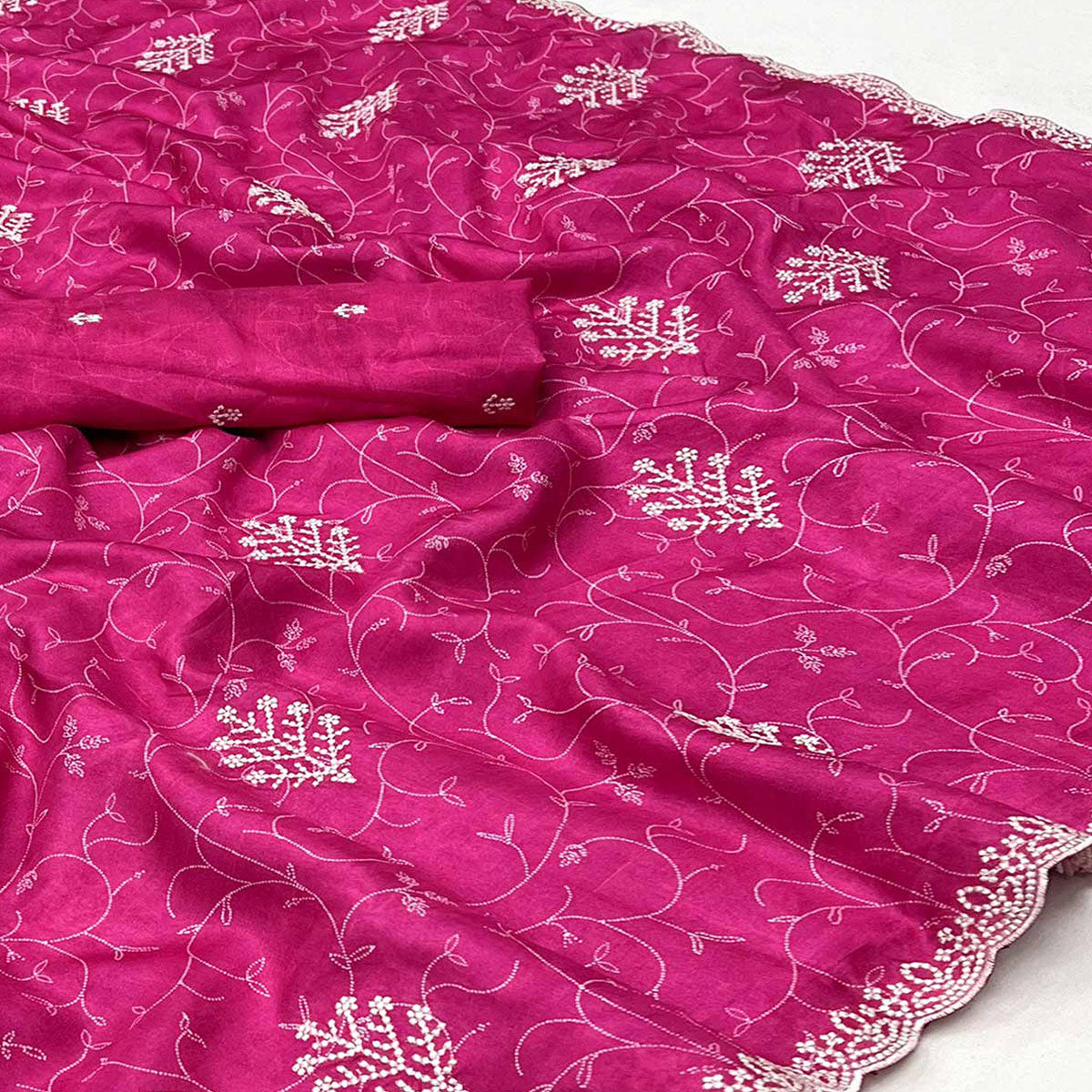 Pink Floral Embroidered Dola Silk Saree