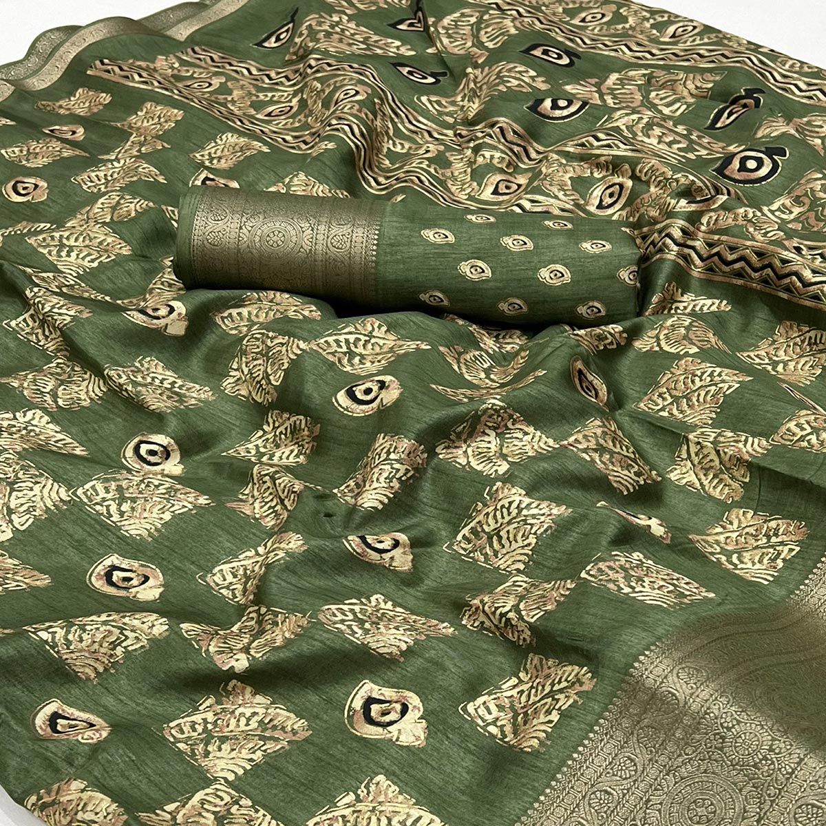 Green Foil Printed Dola Silk Saree With Jacquard Border