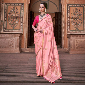 Pink Woven Satin Saree With Tassels