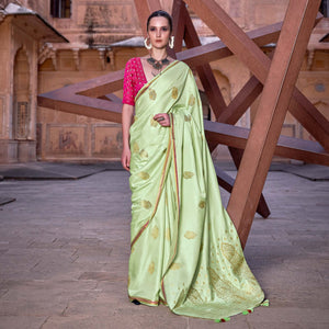 Green Woven Satin Saree With Tassels