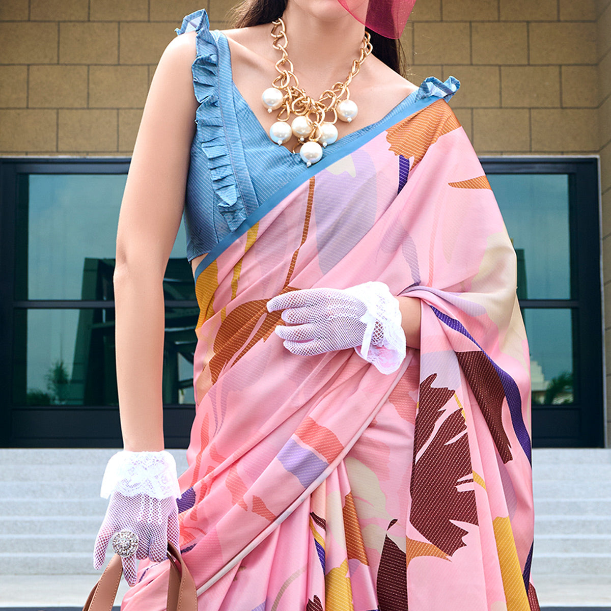 Peach Digital Printed Pure Satin Saree