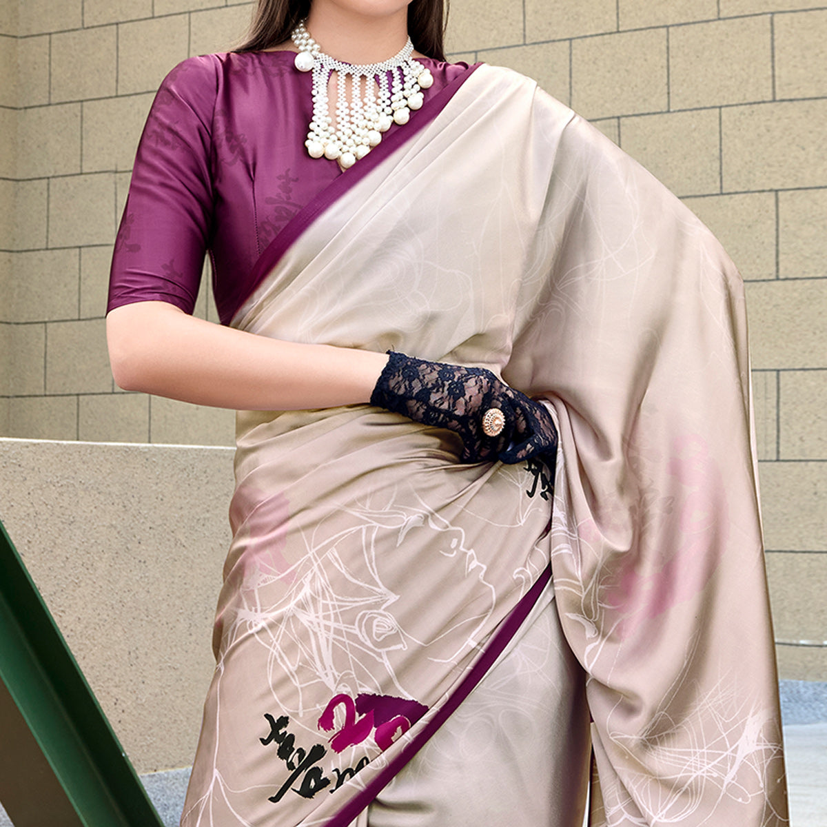 Beige Digital Printed Pure Satin Saree