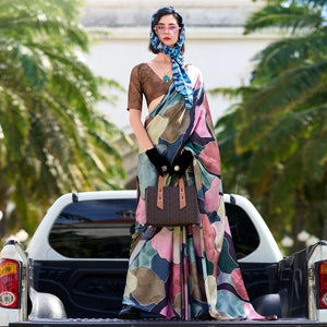 Multicolor Digital Printed Pure Satin Saree