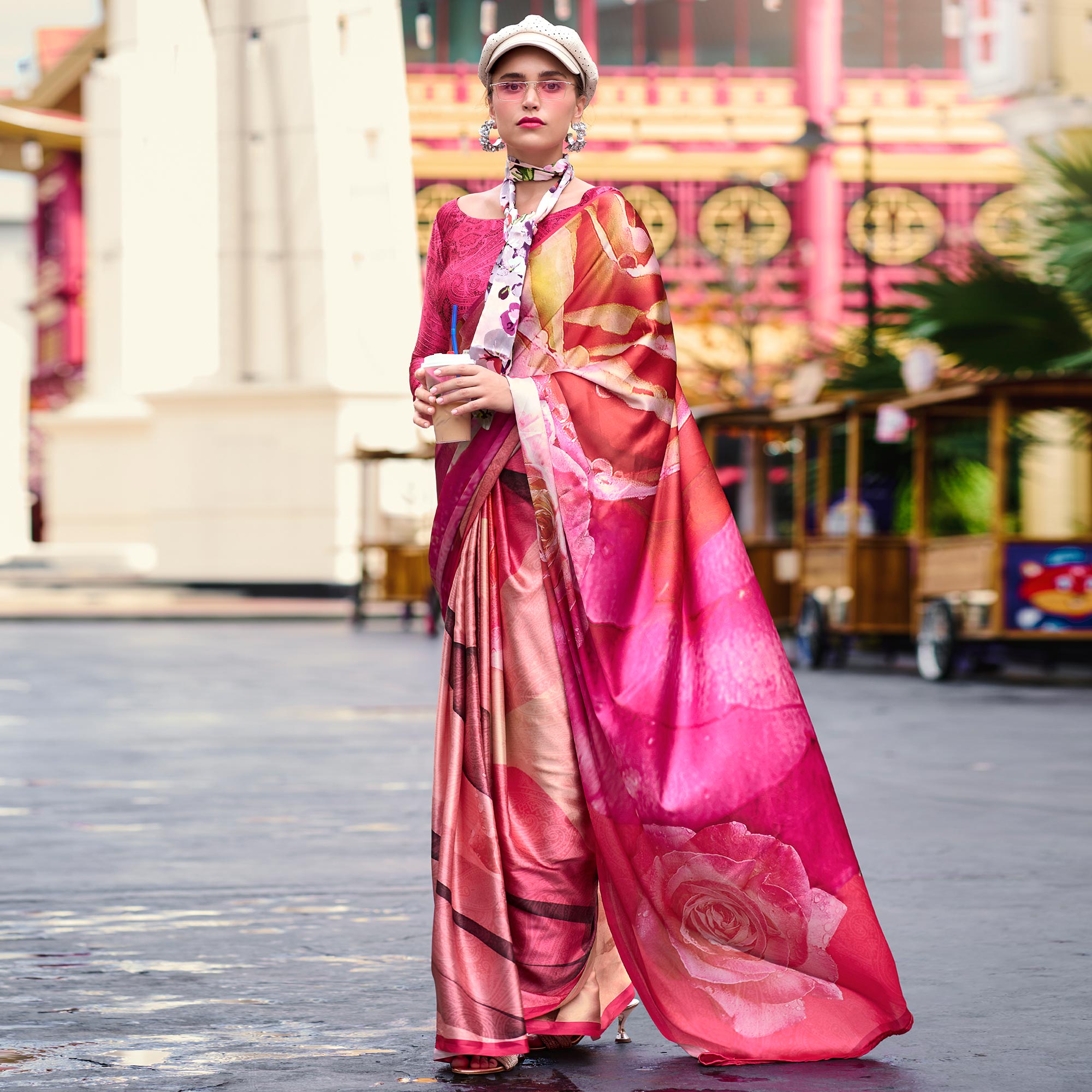 Pink Floral Digital Printed Pure Satin Saree