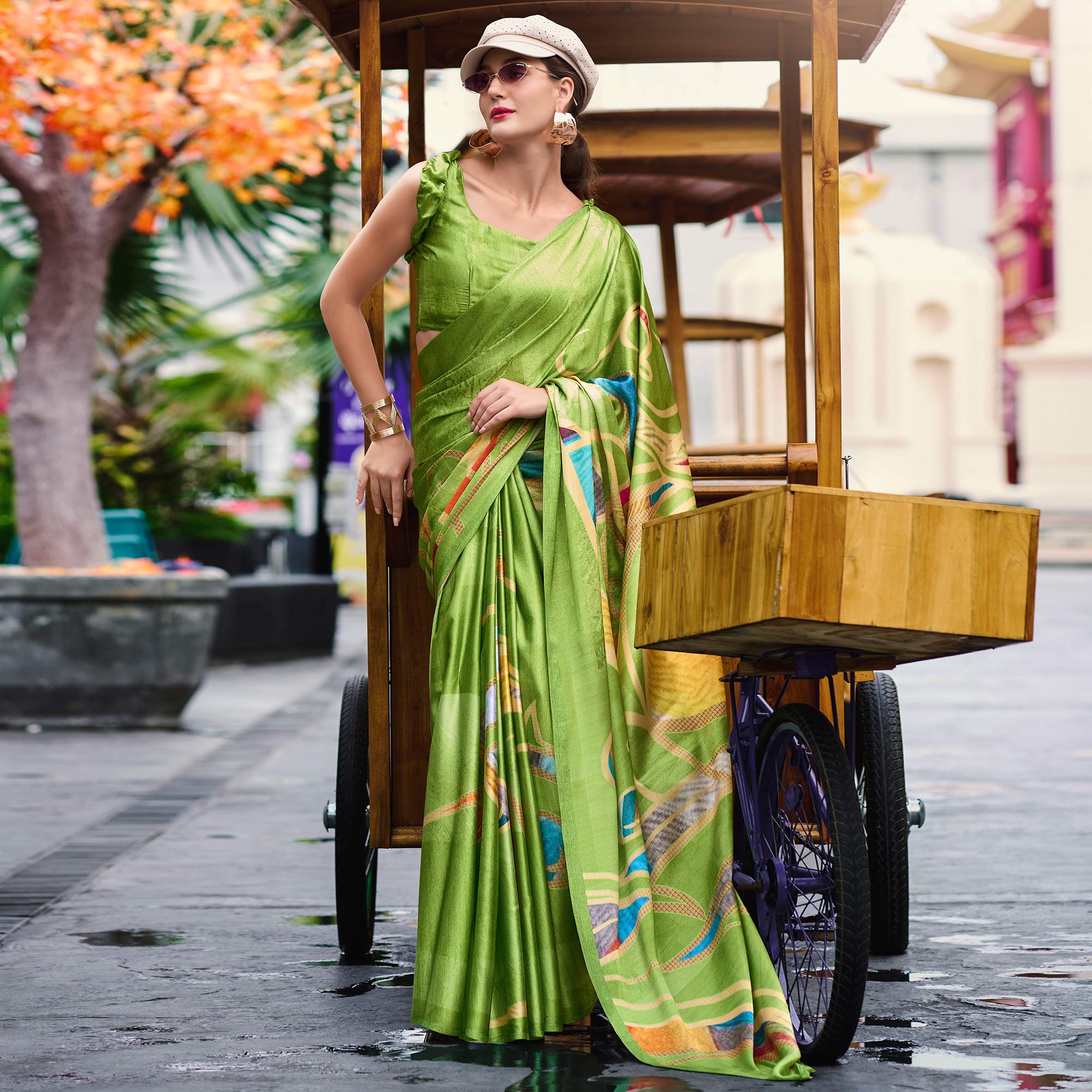 Green Digital Printed Pure Satin Saree