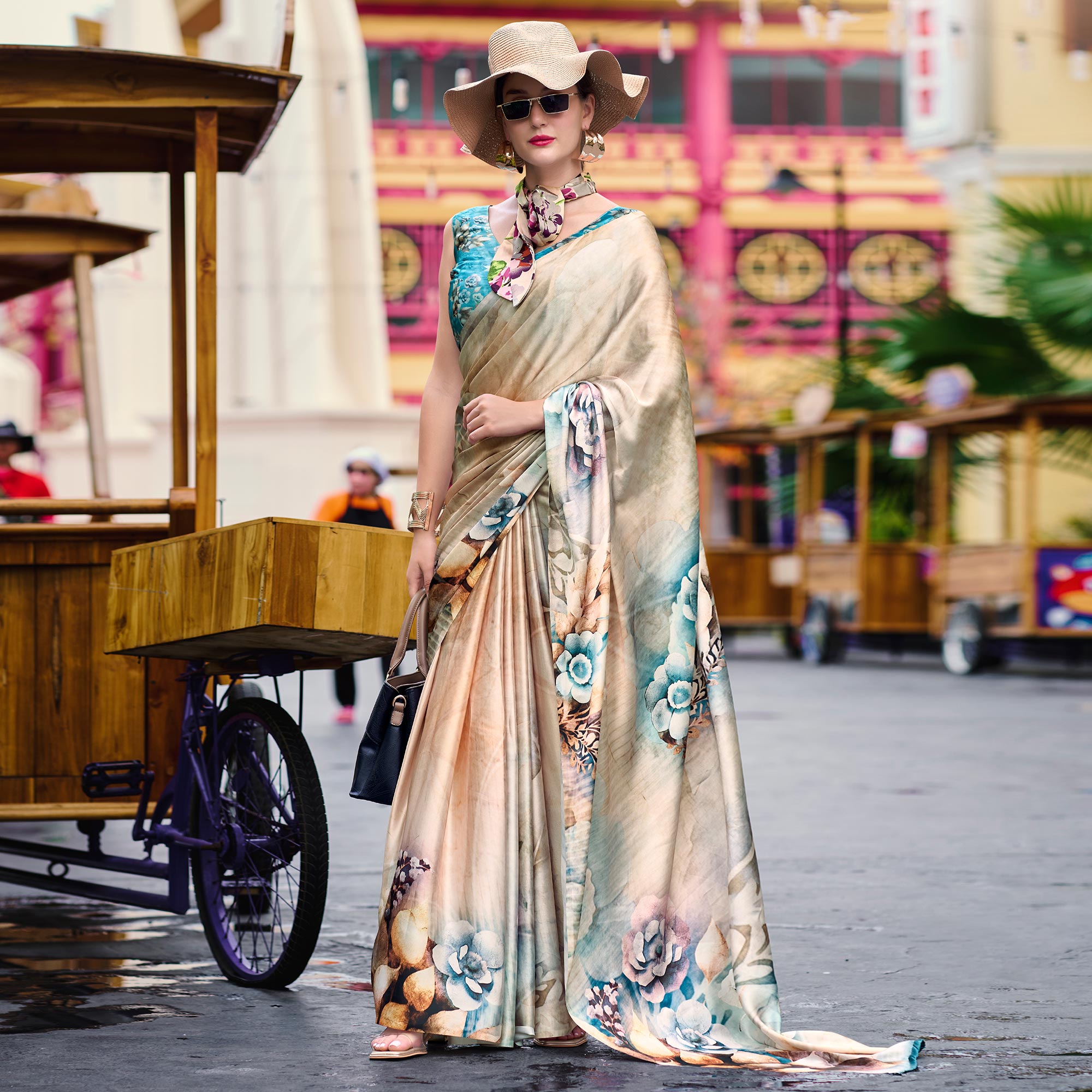 Cream Floral Digital Printed Pure Satin Saree