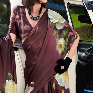 Wine Floral Digital Printed Pure Satin Saree