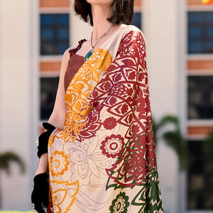 Peach Floral Digital Printed Pure Satin Saree