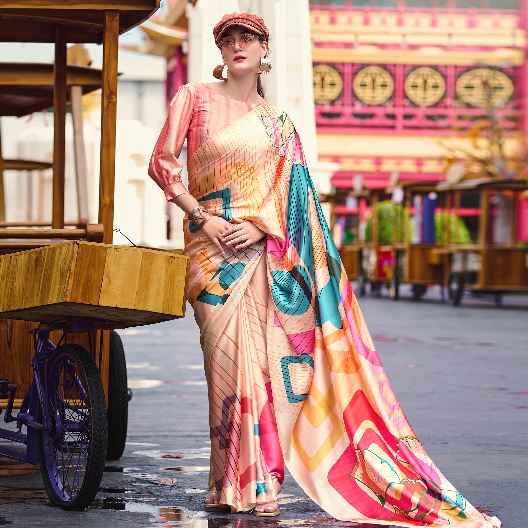 Peach Geometric Digital Printed Pure Satin Saree