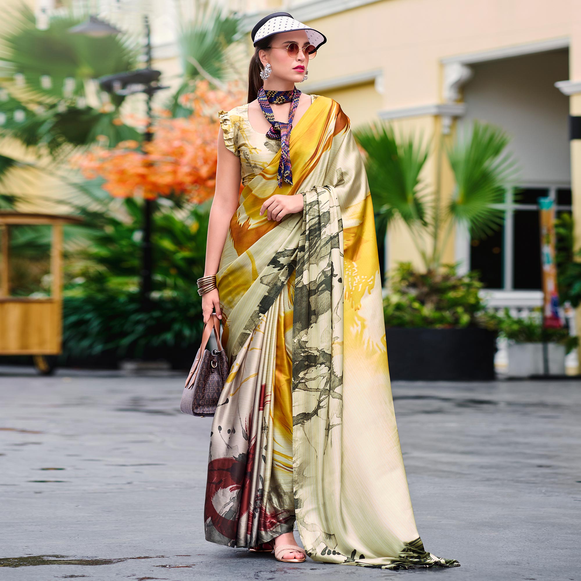 Multicolor Floral Digital Printed Pure Satin Saree