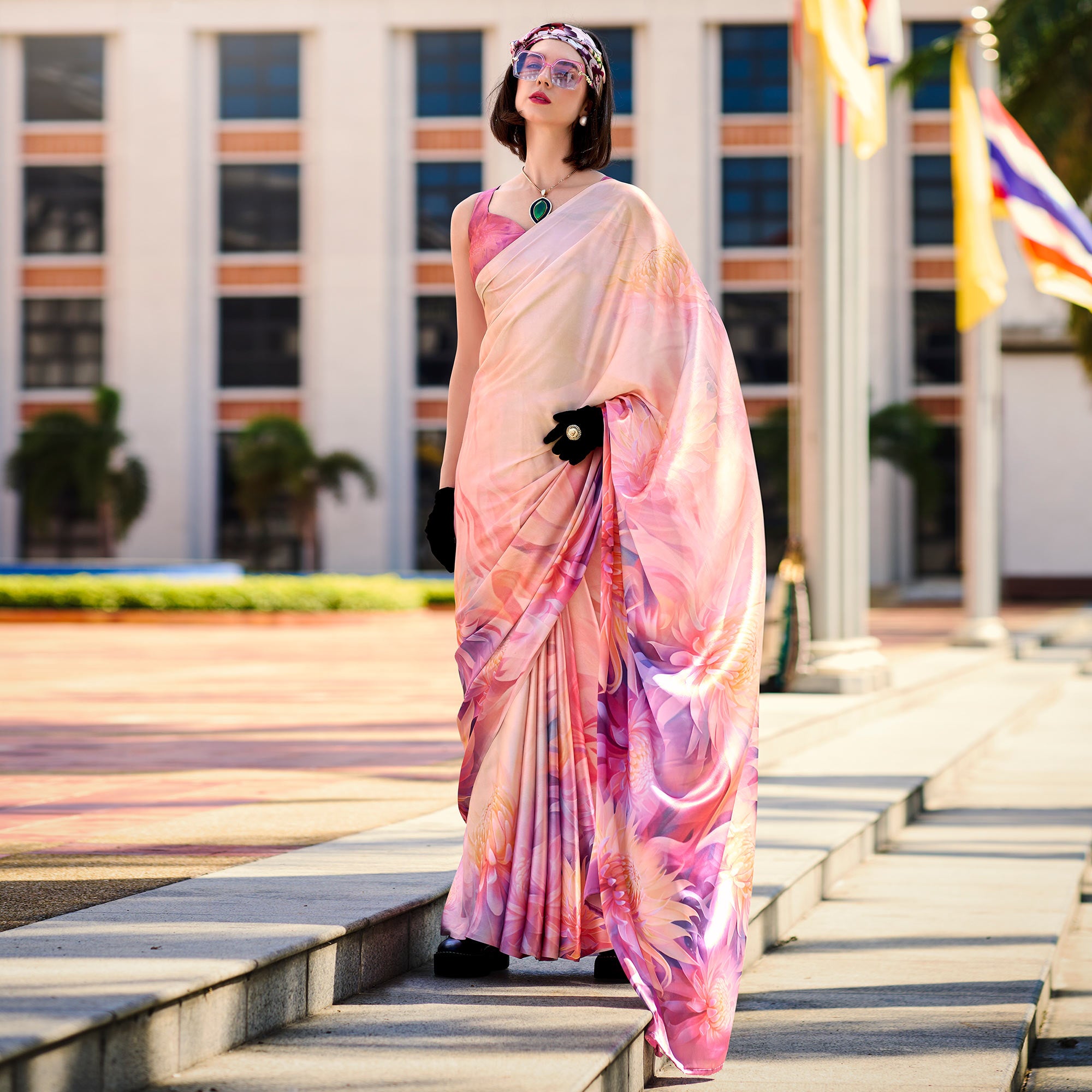 Peach Floral Digital Printed Pure Satin Saree