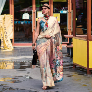 Beige Digital Printed Pure Satin Saree