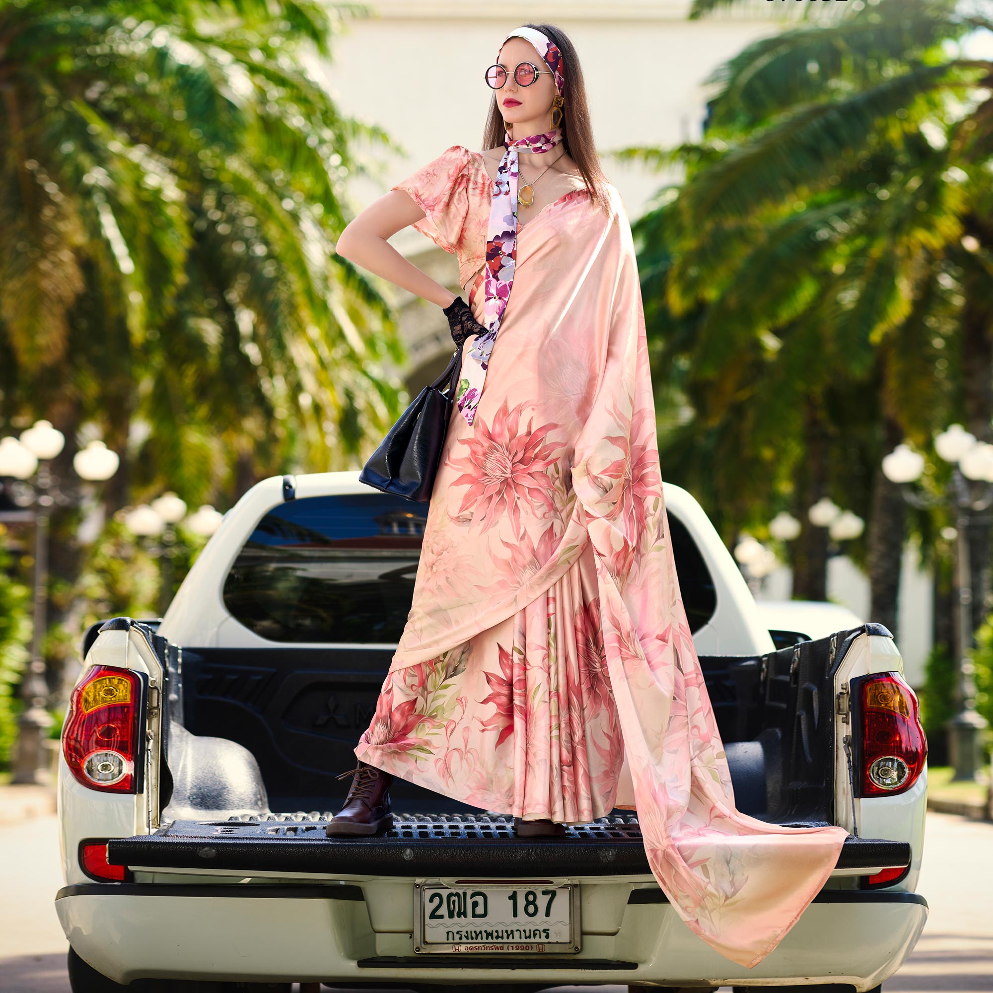 Peach Digital Printed Pure Satin Saree