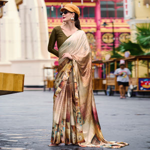 Chikoo Digital Printed Pure Satin Saree