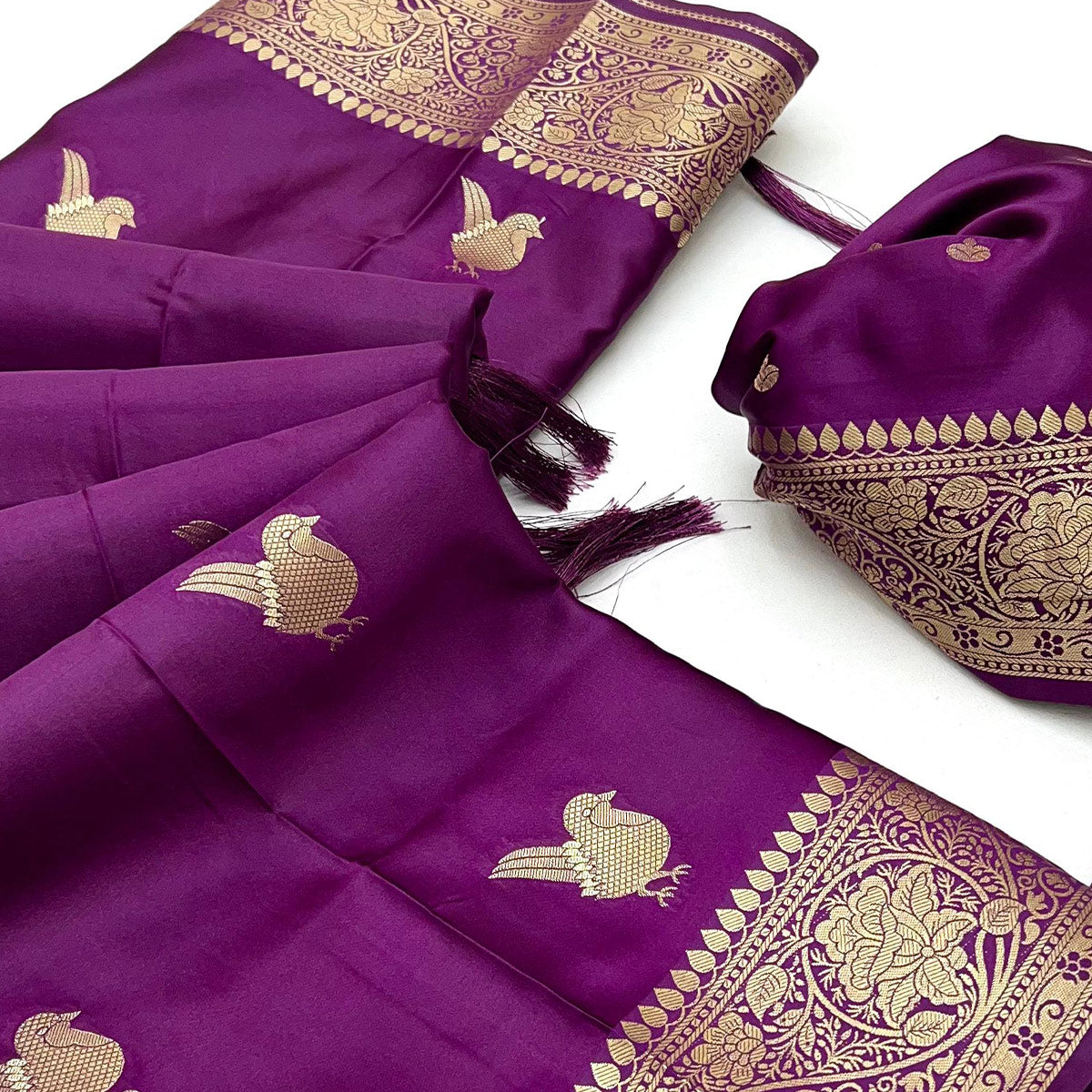 Purple Satin Silk Saree With Zari Woven Bird Motifs & Elegant Tassel Border