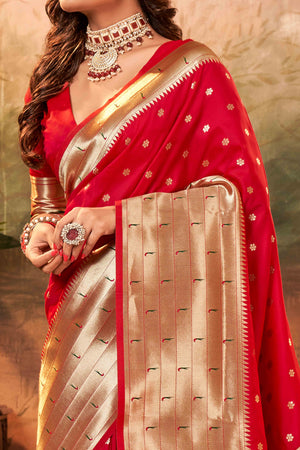 Cherry Red Zari Weaving Pure Silk Paithani Saree